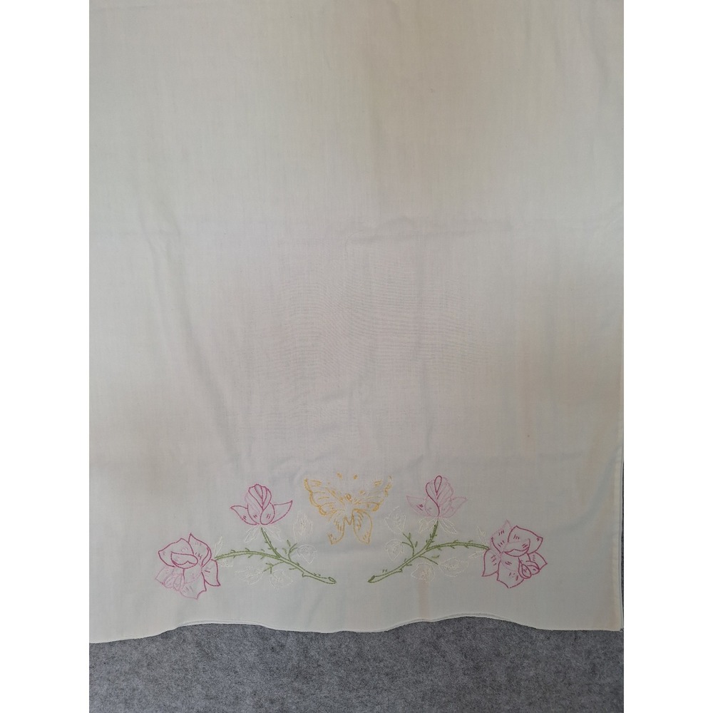 Vintage White Cotton Pillowcase Hand Embroidered Pink Roses Butterfly 20x29